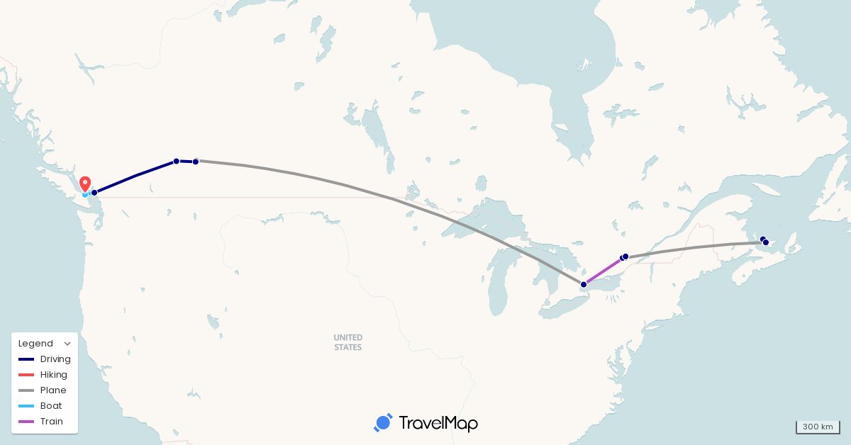 TravelMap itinerary: driving, plane, train, hiking, boat in Canada (North America)